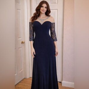 Dark Navy Blue Rhinestones Lace Sequins Gown